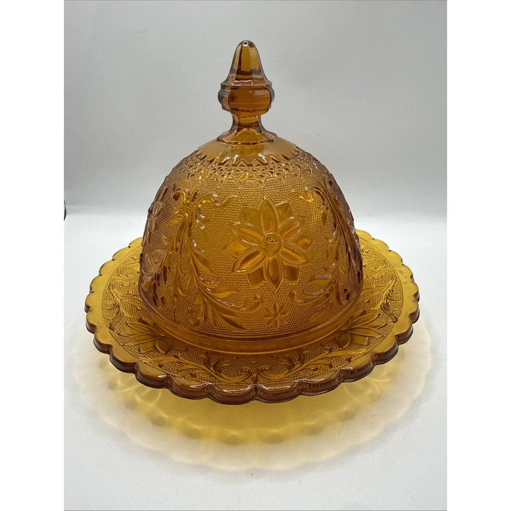Tiara Amber Sandwich Indiana Covered Lidded‎ ROUND DOMED BUTTER CHEESE DISH